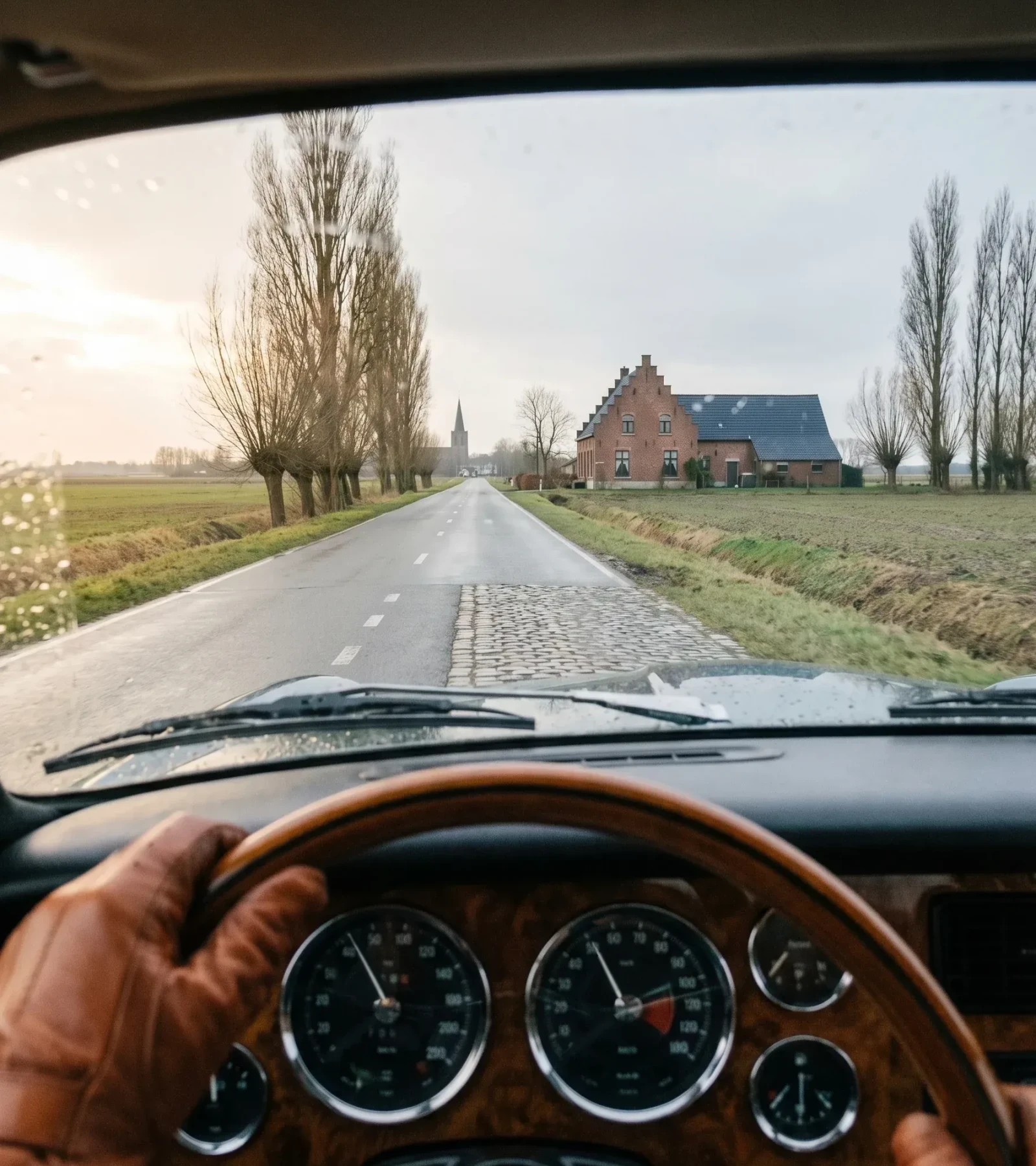 Classic car on a Belgian forest road — the long European route ahead