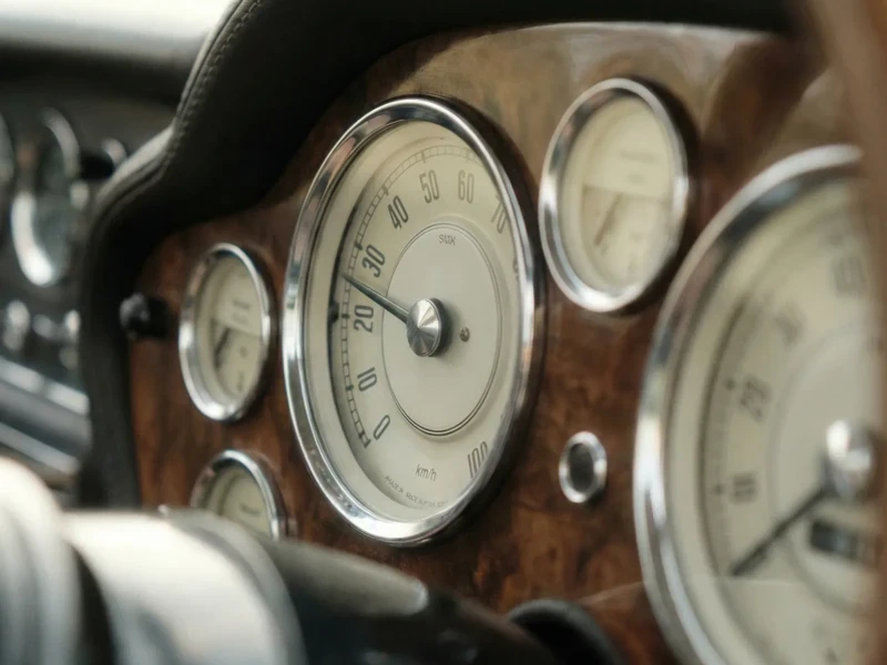 Classic car precision instrument — chrome speedometer on walnut dashboard